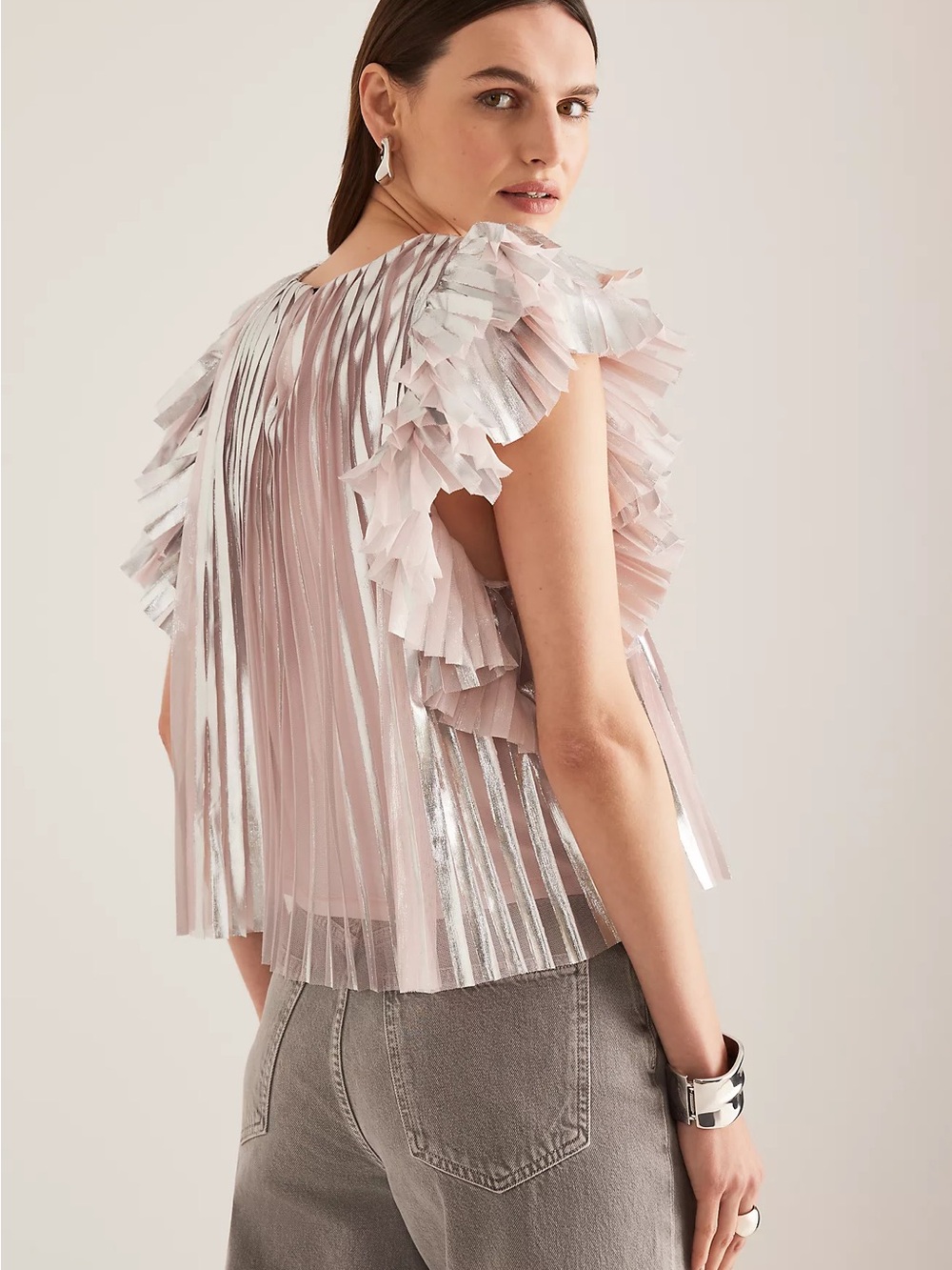 Anthropologie Pleated Foil Top Statement Blouse Metallic Pink Silver Size Small - Picture 4 of 14